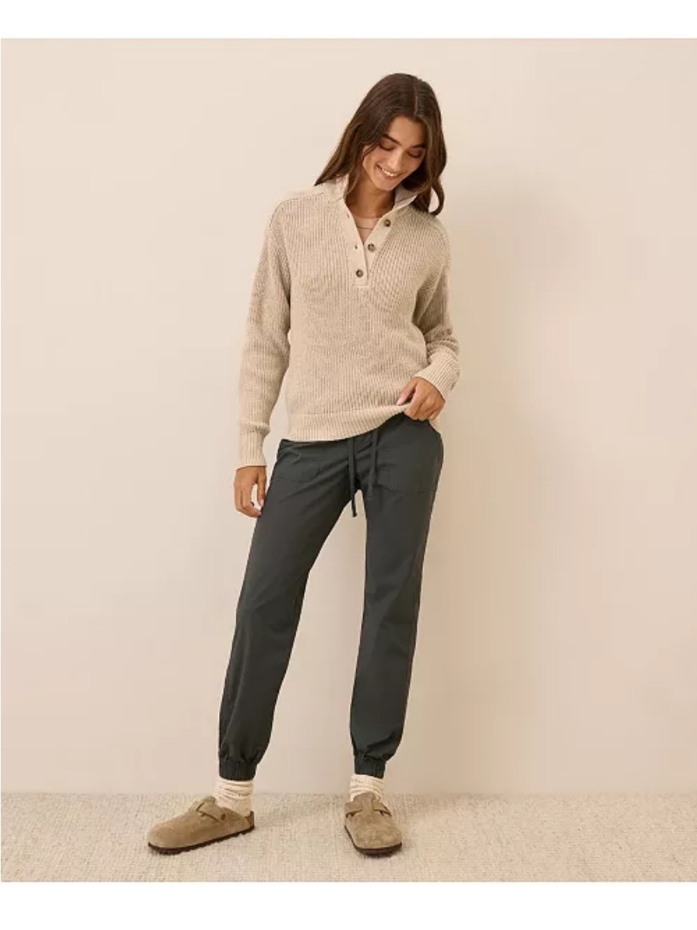 PACT size XXXL Organic Cotton Luxe Knit Henley Sweater in Flax Heather - Beige - Picture 5 of 8